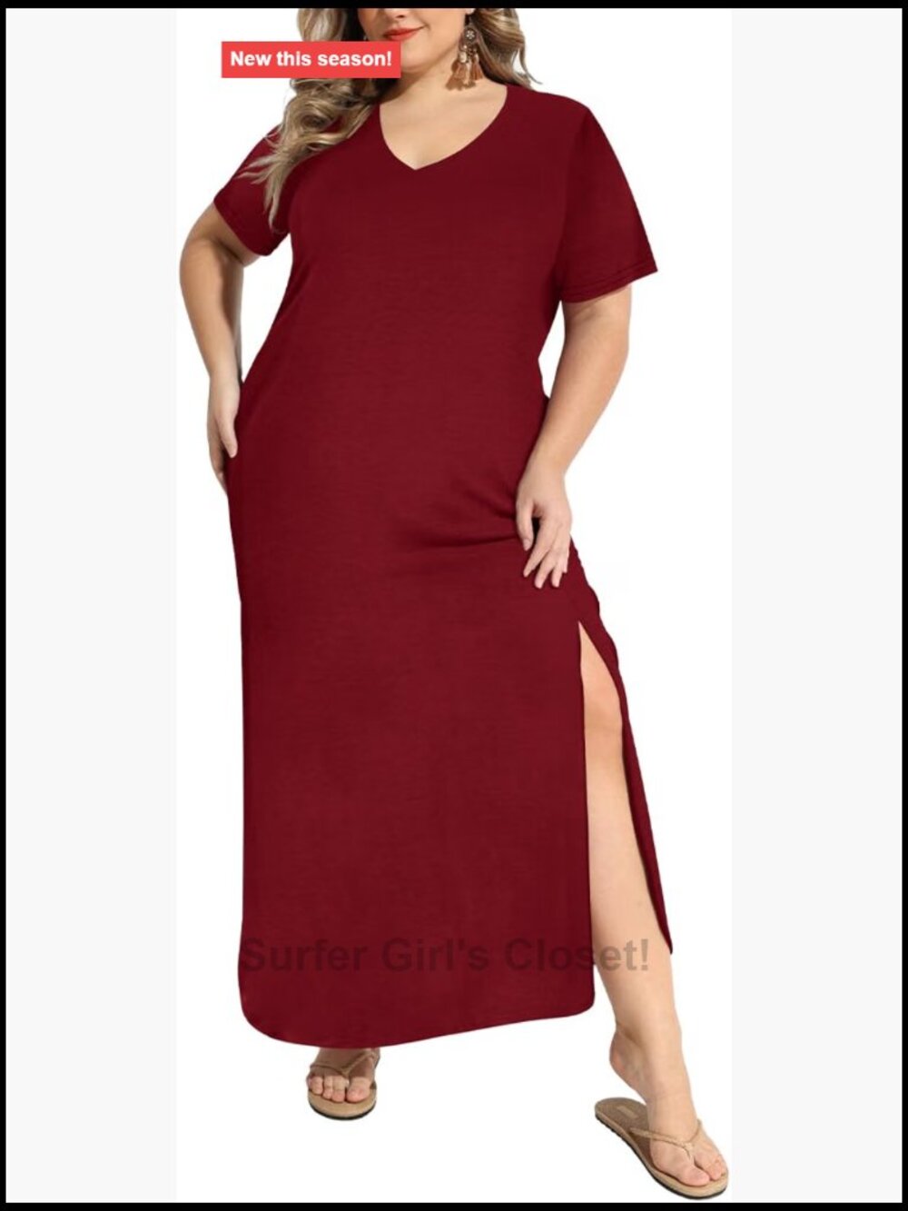 Plus Size V-Neck Short Sleeve Maxi T-Shirt Dress with Pockets, 95% Polyester 5%